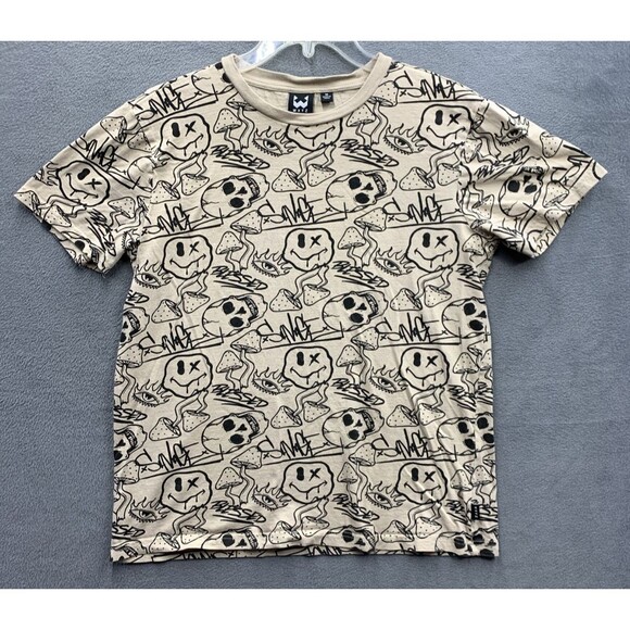 WXYZ Graphic Tee T-Shirt Men's Mushroom Emoji Skulls Crewneck Short Beige Medium - Picture 1 of 12